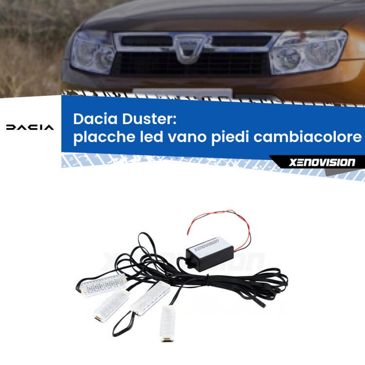 Placche LED vano piedi cambiacolore bluetooth per Dacia Duster 2010 - 2016 <strong>Kit placche LED cambiacolore vano piedi Dacia Duster</strong> 2010 - 2016. 4 placche <strong>Bluetooth</strong> con app Android /iOS.