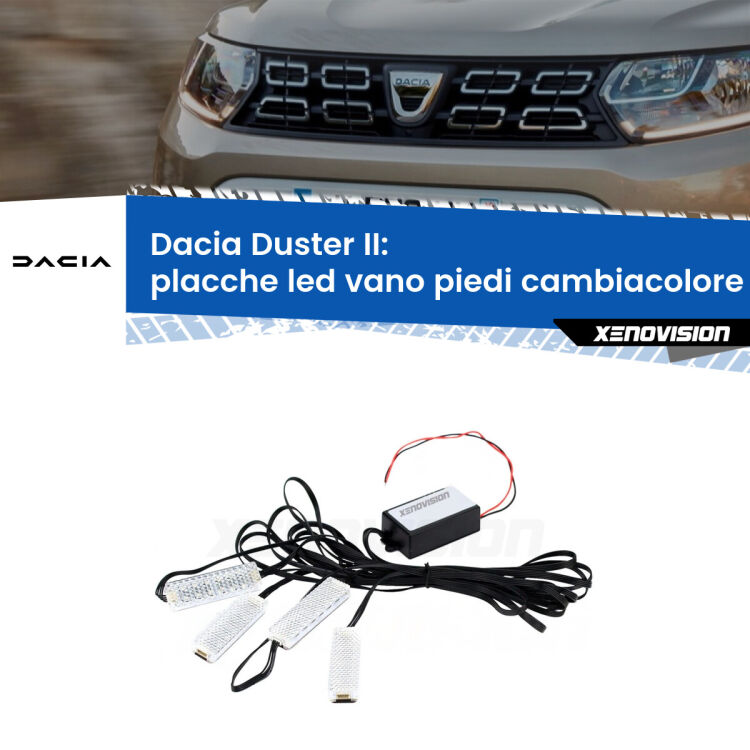 Placche LED vano piedi cambiacolore bluetooth per Dacia Duster II 2017 - 2023 <strong>Kit placche LED cambiacolore vano piedi Dacia Duster</strong> II 2017 - 2023. 4 placche <strong>Bluetooth</strong> con app Android /iOS.
