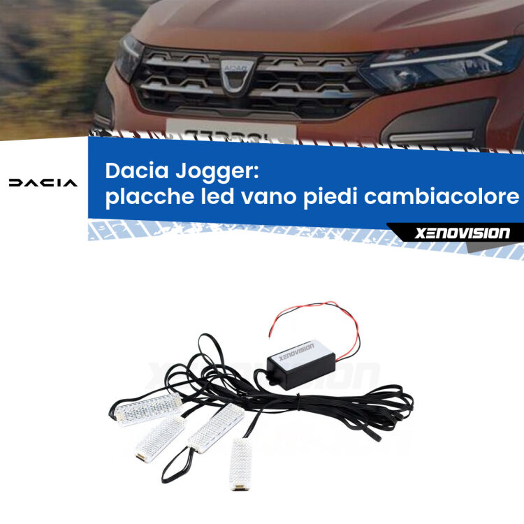 Placche LED vano piedi cambiacolore bluetooth per Dacia Jogger 2021 in poi <strong>Kit placche LED cambiacolore vano piedi Dacia Jogger</strong> 2021 in poi. 4 placche <strong>Bluetooth</strong> con app Android /iOS.