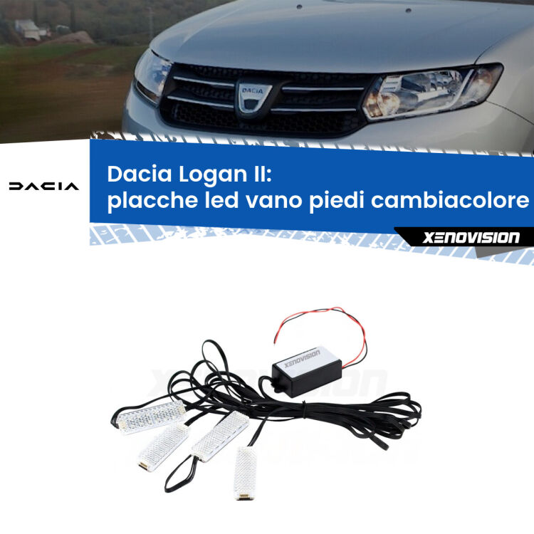 Placche LED vano piedi cambiacolore bluetooth per Dacia Logan II 2012 in poi <strong>Kit placche LED cambiacolore vano piedi Dacia Logan</strong> II 2012 in poi. 4 placche <strong>Bluetooth</strong> con app Android /iOS.