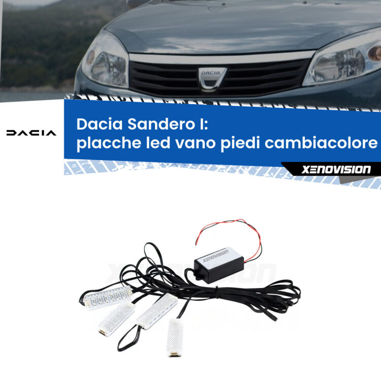 Placche LED vano piedi cambiacolore bluetooth per Dacia Sandero I 2008 - 2012 <strong>Kit placche LED cambiacolore vano piedi Dacia Sandero I</strong> 2008 - 2012. 4 placche <strong>Bluetooth</strong> con app Android /iOS.