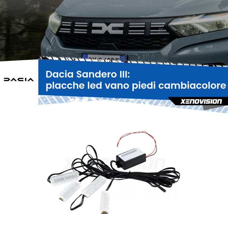 Placche LED vano piedi cambiacolore bluetooth per Dacia Sandero III 2020 in poi <strong>Kit placche LED cambiacolore vano piedi Dacia Sandero III</strong> 2020 in poi. 4 placche <strong>Bluetooth</strong> con app Android /iOS.