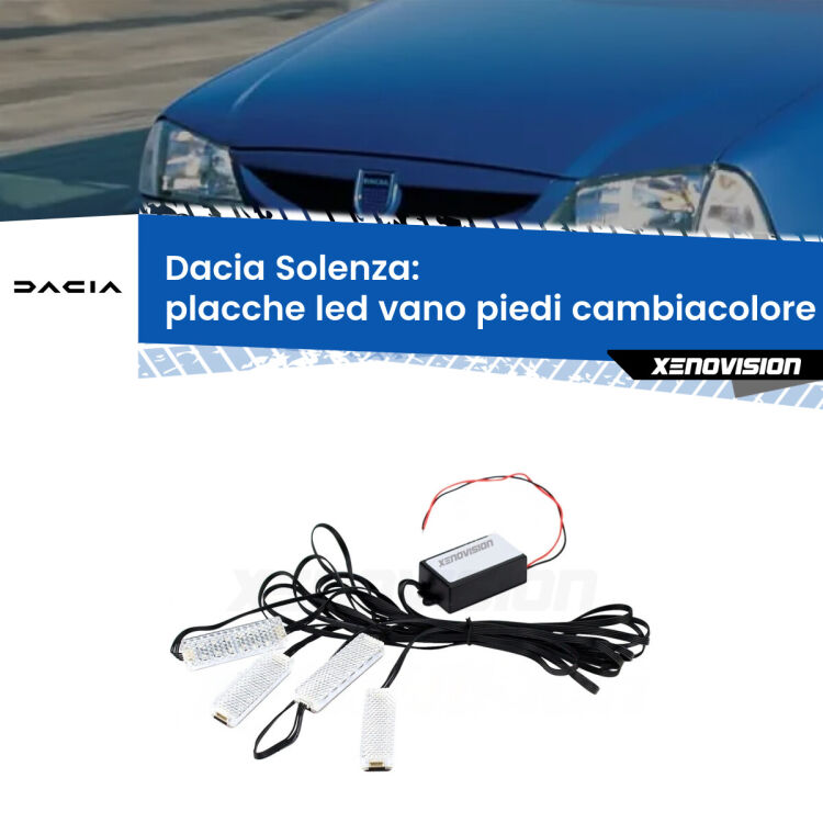 Placche LED vano piedi cambiacolore bluetooth per Dacia Solenza 2003 - 2005 <strong>Kit placche LED cambiacolore vano piedi Dacia Solenza</strong> 2003 - 2005. 4 placche <strong>Bluetooth</strong> con app Android /iOS.