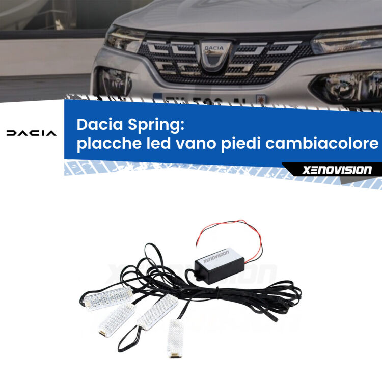 Placche LED vano piedi cambiacolore bluetooth per Dacia Spring 2021 in poi <strong>Kit placche LED cambiacolore vano piedi Dacia Spring</strong> 2021 in poi. 4 placche <strong>Bluetooth</strong> con app Android /iOS.