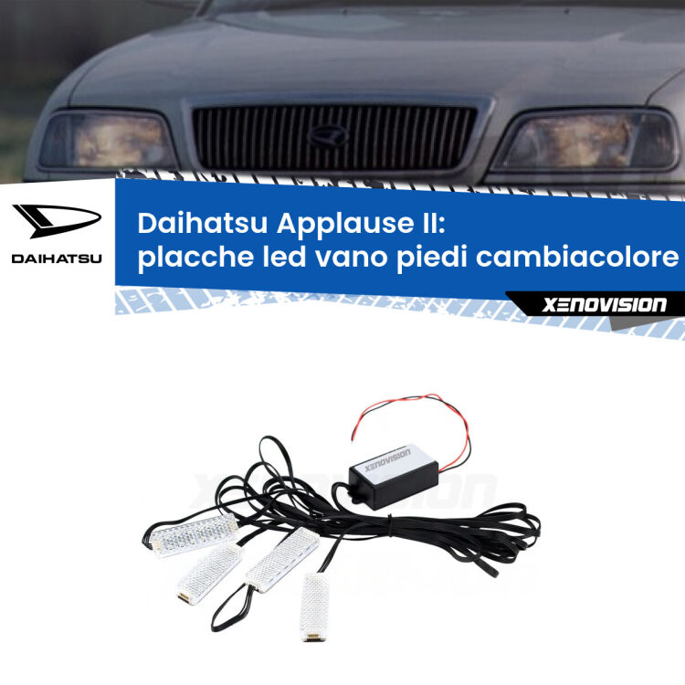 Placche LED vano piedi cambiacolore bluetooth per Daihatsu Applause II 1997 - 2000 <strong>Kit placche LED cambiacolore vano piedi Daihatsu Applause</strong> II 1997 - 2000. 4 placche <strong>Bluetooth</strong> con app Android /iOS.