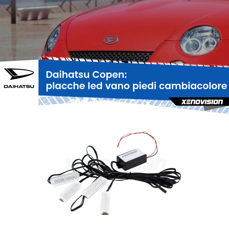 Placche LED vano piedi cambiacolore bluetooth per Daihatsu Copen 2003 - 2012 <strong>Kit placche LED cambiacolore vano piedi Daihatsu Copen</strong> 2003 - 2012. 4 placche <strong>Bluetooth</strong> con app Android /iOS.