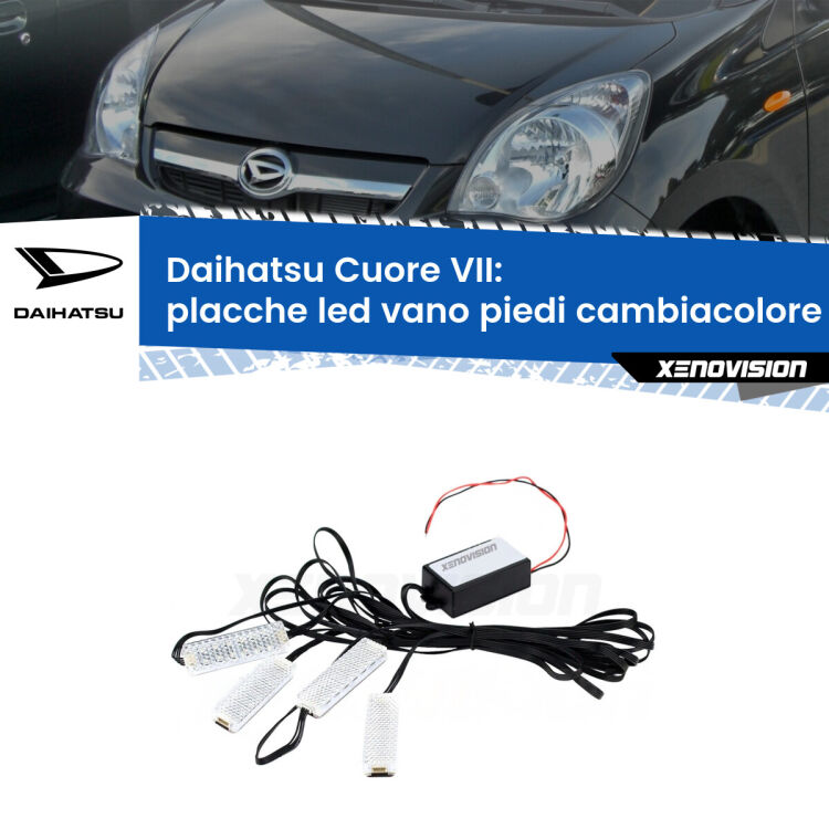 Placche LED vano piedi cambiacolore bluetooth per Daihatsu Cuore VII 2007 - 2018 <strong>Kit placche LED cambiacolore vano piedi Daihatsu Cuore VII</strong> 2007 - 2018. 4 placche <strong>Bluetooth</strong> con app Android /iOS.