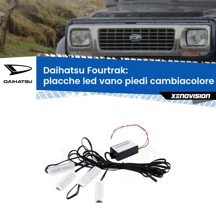 Placche LED vano piedi cambiacolore bluetooth per Daihatsu Fourtrak 1985 - 1998 <strong>Kit placche LED cambiacolore vano piedi Daihatsu Fourtrak</strong> 1985 - 1998. 4 placche <strong>Bluetooth</strong> con app Android /iOS.