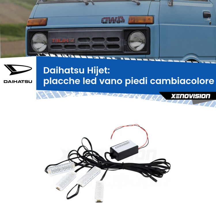 Placche LED vano piedi cambiacolore bluetooth per Daihatsu Hijet 1992 - 2005 <strong>Kit placche LED cambiacolore vano piedi Daihatsu Hijet</strong> 1992 - 2005. 4 placche <strong>Bluetooth</strong> con app Android /iOS.