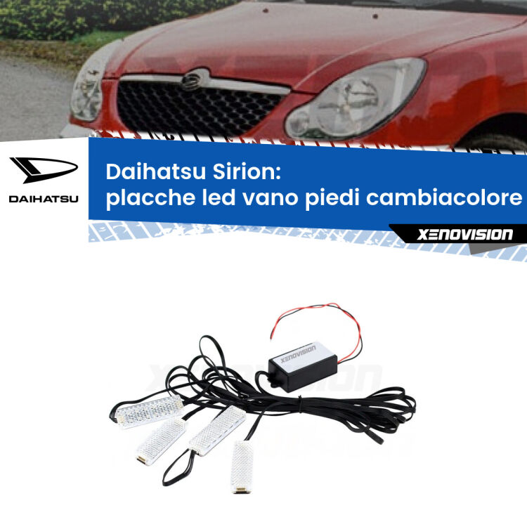 Placche LED vano piedi cambiacolore bluetooth per Daihatsu Sirion 2005 - 2008 <strong>Kit placche LED cambiacolore vano piedi Daihatsu Sirion</strong> 2005 - 2008. 4 placche <strong>Bluetooth</strong> con app Android /iOS.