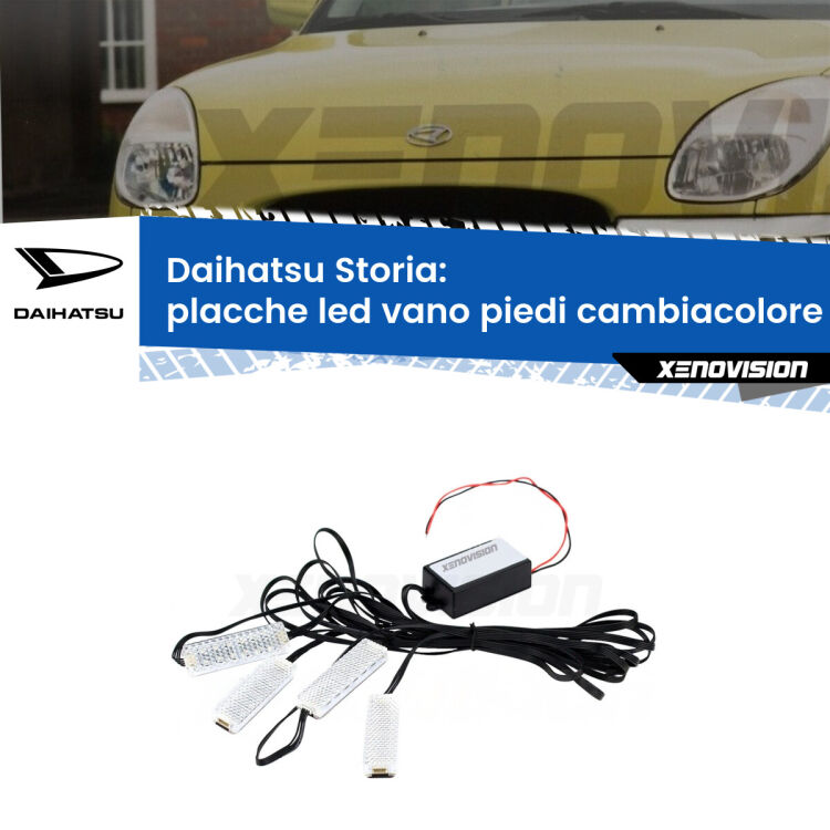 Placche LED vano piedi cambiacolore bluetooth per Daihatsu Storia 1998 - 2005 <strong>Kit placche LED cambiacolore vano piedi Daihatsu Storia</strong> 1998 - 2005. 4 placche <strong>Bluetooth</strong> con app Android /iOS.