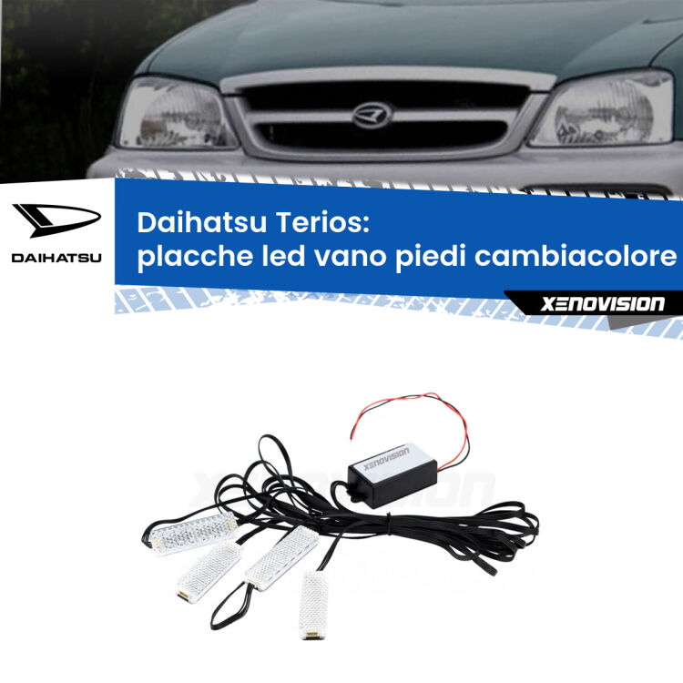Placche LED vano piedi cambiacolore bluetooth per Daihatsu Terios 1997 - 2005 <strong>Kit placche LED cambiacolore vano piedi Daihatsu Terios</strong> 1997 - 2005. 4 placche <strong>Bluetooth</strong> con app Android /iOS.