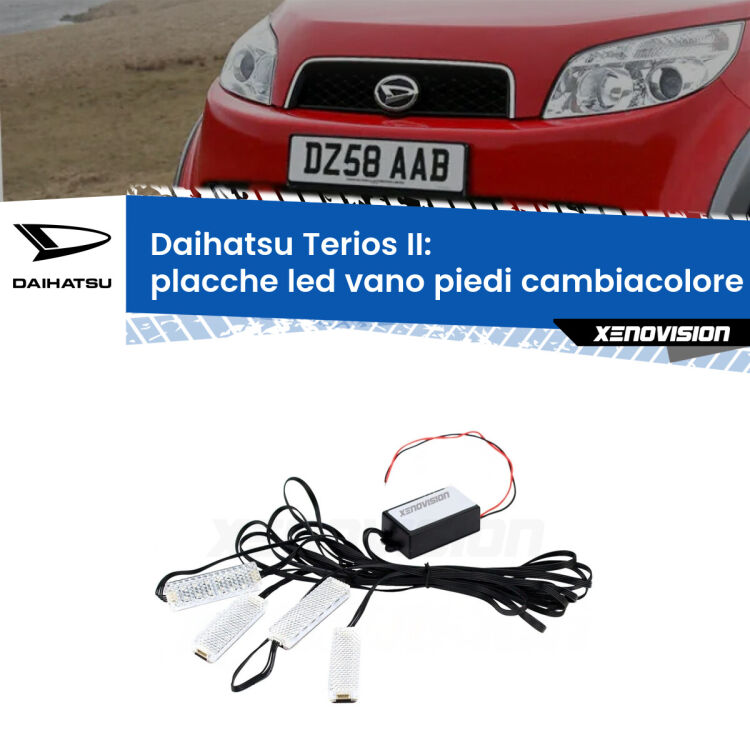 Placche LED vano piedi cambiacolore bluetooth per Daihatsu Terios II 2005 - 2009 <strong>Kit placche LED cambiacolore vano piedi Daihatsu Terios</strong> II 2005 - 2009. 4 placche <strong>Bluetooth</strong> con app Android /iOS.
