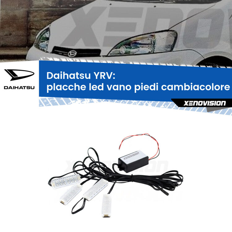 Placche LED vano piedi cambiacolore bluetooth per Daihatsu YRV 2000 - 2005 <strong>Kit placche LED cambiacolore vano piedi Daihatsu YRV</strong> 2000 - 2005. 4 placche <strong>Bluetooth</strong> con app Android /iOS.