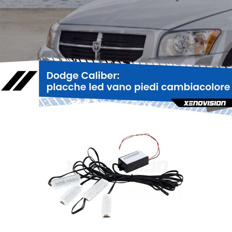 Placche LED vano piedi cambiacolore bluetooth per Dodge Caliber 2006 - 2011 <strong>Kit placche LED cambiacolore vano piedi Dodge Caliber</strong> 2006 - 2011. 4 placche <strong>Bluetooth</strong> con app Android /iOS.