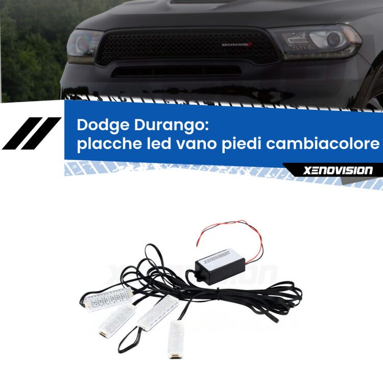 Placche LED vano piedi cambiacolore bluetooth per Dodge Durango  2010 - 2015 <strong>Kit placche LED cambiacolore vano piedi Dodge Durango</strong>  2010 - 2015. 4 placche <strong>Bluetooth</strong> con app Android /iOS.