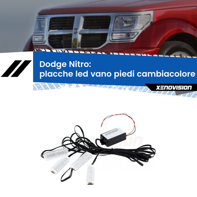 Placche LED vano piedi cambiacolore bluetooth per Dodge Nitro  2006 - 2012 <strong>Kit placche LED cambiacolore vano piedi Dodge Nitro</strong>  2006 - 2012. 4 placche <strong>Bluetooth</strong> con app Android /iOS.