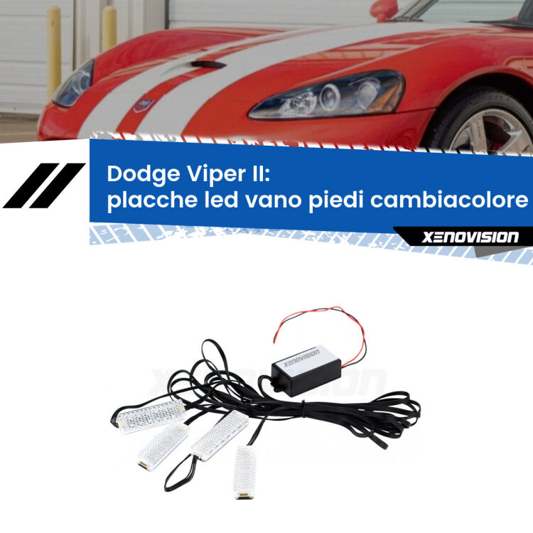Placche LED vano piedi cambiacolore bluetooth per Dodge Viper II 2003 - 2010 <strong>Kit placche LED cambiacolore vano piedi Dodge Viper</strong> II 2003 - 2010. 4 placche <strong>Bluetooth</strong> con app Android /iOS.