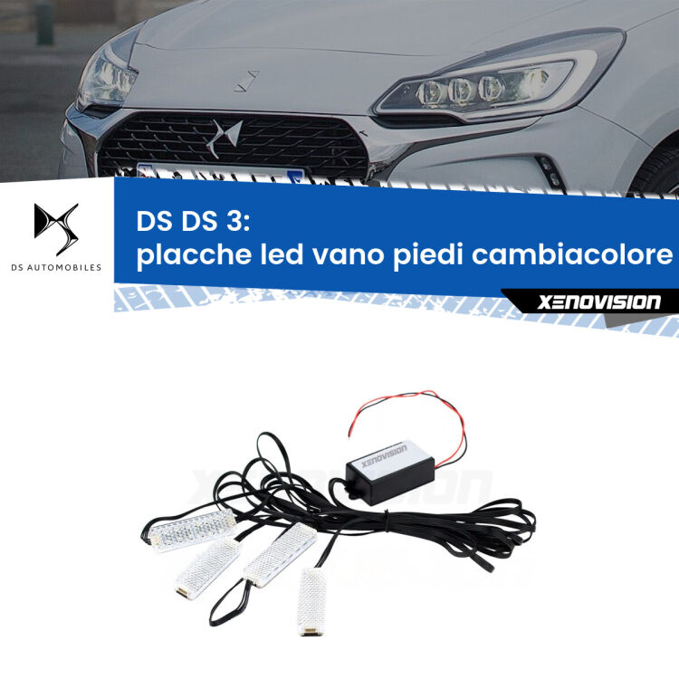 Placche LED vano piedi cambiacolore bluetooth per DS DS 3 2015 - 2019 <strong>Kit placche LED cambiacolore vano piedi DS DS 3</strong> 2015 - 2019. 4 placche <strong>Bluetooth</strong> con app Android /iOS.
