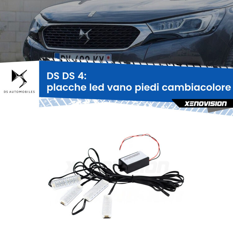 Placche LED vano piedi cambiacolore bluetooth per DS DS 4 2015 - 2018 <strong>Kit placche LED cambiacolore vano piedi DS DS 4</strong> 2015 - 2018. 4 placche <strong>Bluetooth</strong> con app Android /iOS.