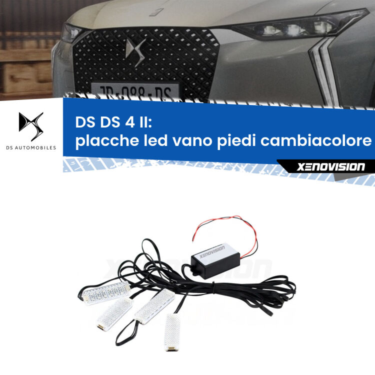 Placche LED vano piedi cambiacolore bluetooth per DS DS 4 II 2021 in poi <strong>Kit placche LED cambiacolore vano piedi DS DS 4</strong> II 2021 in poi. 4 placche <strong>Bluetooth</strong> con app Android /iOS.