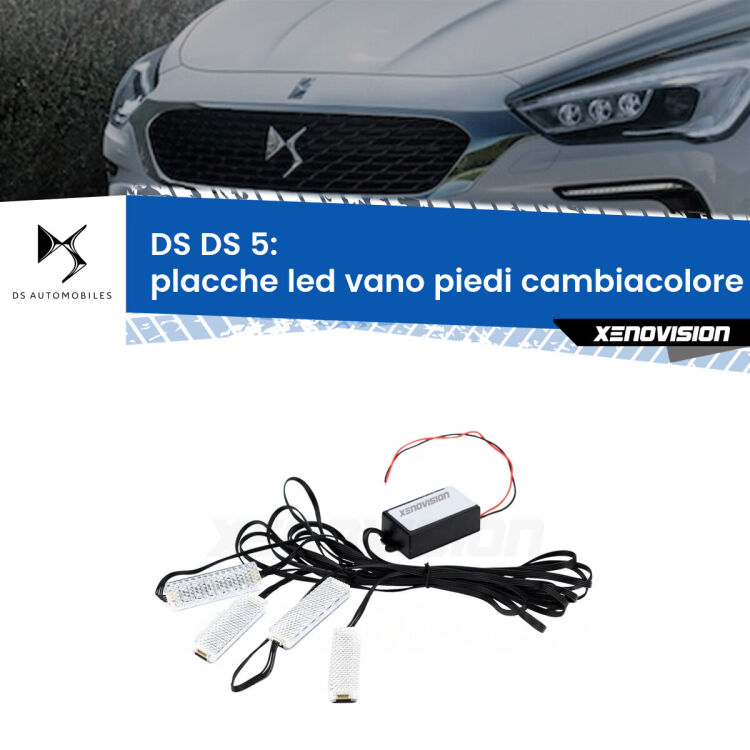 Placche LED vano piedi cambiacolore bluetooth per DS DS 5 2015 - 2018 <strong>Kit placche LED cambiacolore vano piedi DS DS 5</strong> 2015 - 2018. 4 placche <strong>Bluetooth</strong> con app Android /iOS.