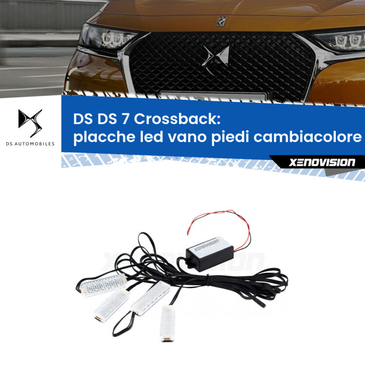Placche LED vano piedi cambiacolore bluetooth per DS DS 7 Crossback 2017 - 2021 <strong>Kit placche LED cambiacolore vano piedi DS DS 7 Crossback</strong> 2017 - 2021. 4 placche <strong>Bluetooth</strong> con app Android /iOS.
