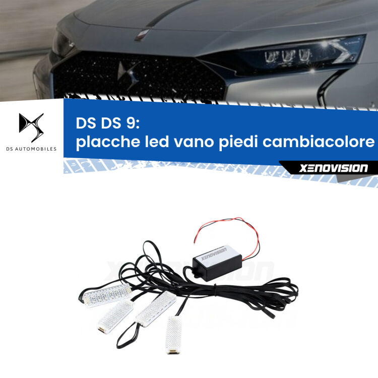 Placche LED vano piedi cambiacolore bluetooth per DS DS 9 2020 in poi <strong>Kit placche LED cambiacolore vano piedi DS DS 9</strong> 2020 in poi. 4 placche <strong>Bluetooth</strong> con app Android /iOS.