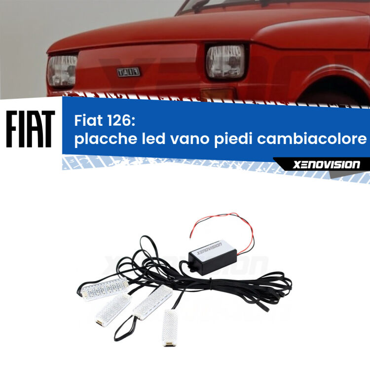 Placche LED vano piedi cambiacolore bluetooth per Fiat 126 1972 - 2000 <strong>Kit placche LED cambiacolore vano piedi Fiat 126</strong> 1972 - 2000. 4 placche <strong>Bluetooth</strong> con app Android /iOS.