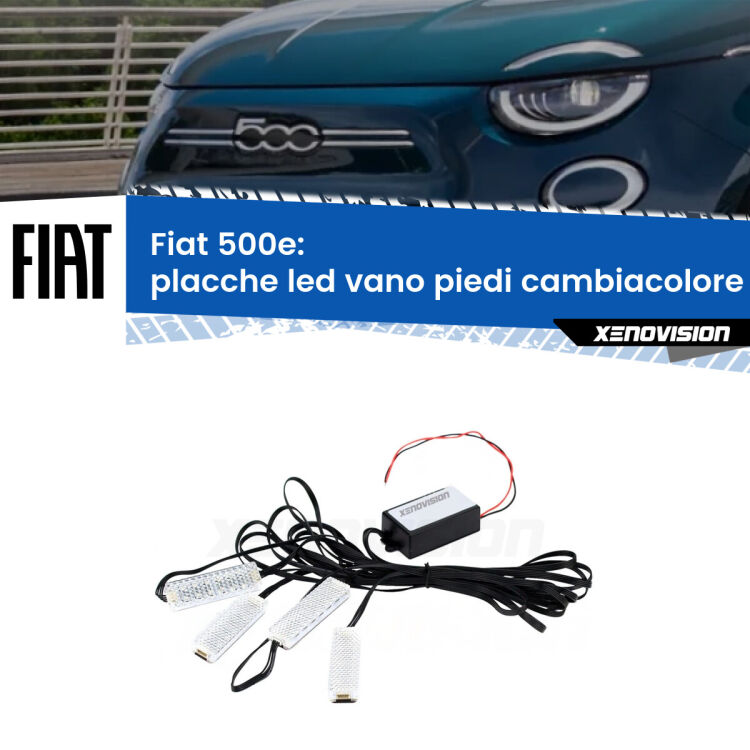 Placche LED vano piedi cambiacolore bluetooth per Fiat 500e 2020 in poi <strong>Kit placche LED cambiacolore vano piedi Fiat 500e</strong> 2020 in poi. 4 placche <strong>Bluetooth</strong> con app Android /iOS.