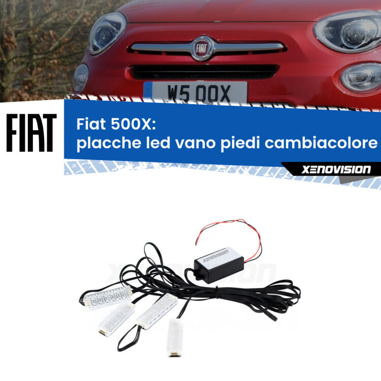 Placche LED vano piedi cambiacolore bluetooth per Fiat 500X  2014 in poi <strong>Kit placche LED cambiacolore vano piedi Fiat 500X</strong>  2014 in poi. 4 placche <strong>Bluetooth</strong> con app Android /iOS.