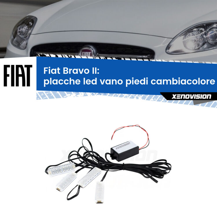 Placche LED vano piedi cambiacolore bluetooth per Fiat Bravo II  2006 - 2014 <strong>Kit placche LED cambiacolore vano piedi Fiat Bravo II</strong>  2006 - 2014. 4 placche <strong>Bluetooth</strong> con app Android /iOS.