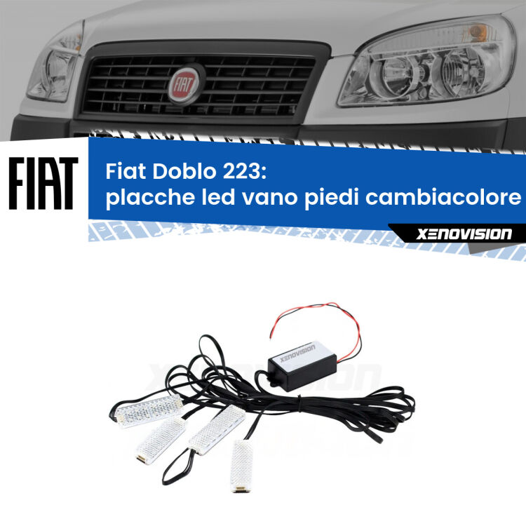 Placche LED vano piedi cambiacolore bluetooth per Fiat Doblo 223 2000 - 2010 <strong>Kit placche LED cambiacolore vano piedi Fiat Doblo</strong> 223 2000 - 2010. 4 placche <strong>Bluetooth</strong> con app Android /iOS.