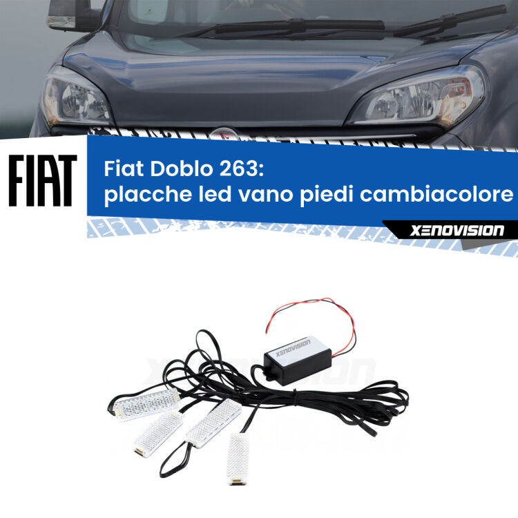 Placche LED vano piedi cambiacolore bluetooth per Fiat Doblo 263 2010 - 2016 <strong>Kit placche LED cambiacolore vano piedi Fiat Doblo</strong> 263 2010 - 2016. 4 placche <strong>Bluetooth</strong> con app Android /iOS.