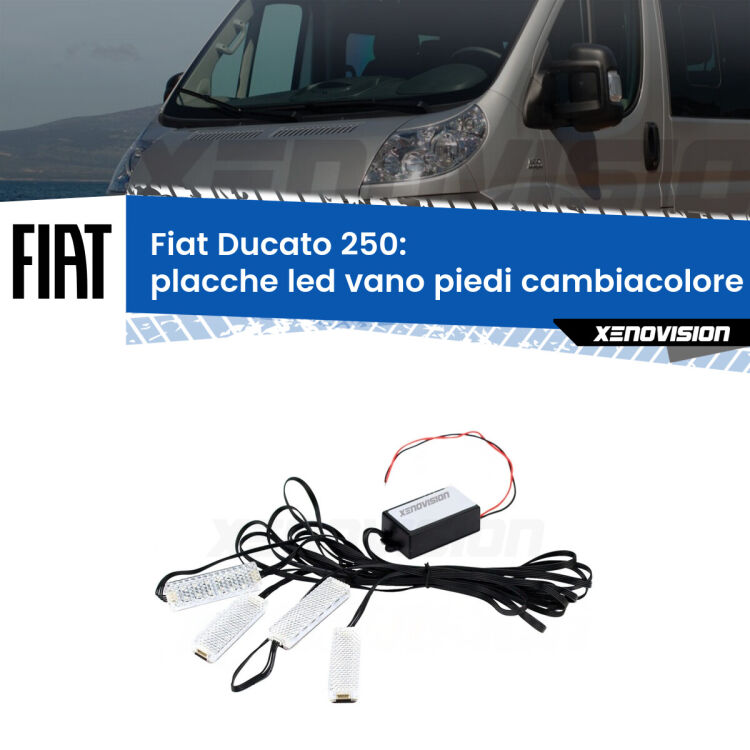 Placche LED vano piedi cambiacolore bluetooth per Fiat Ducato 250 2006 - 2018 <strong>Kit placche LED cambiacolore vano piedi Fiat Ducato</strong> 250 2006 - 2018. 4 placche <strong>Bluetooth</strong> con app Android /iOS.