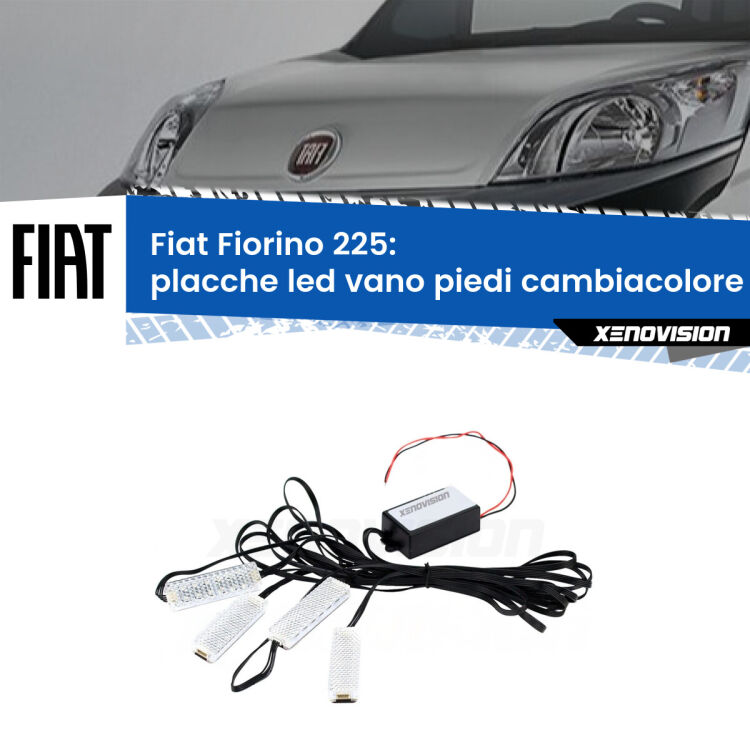 Placche LED vano piedi cambiacolore bluetooth per Fiat Fiorino 225 2008 - 2021 <strong>Kit placche LED cambiacolore vano piedi Fiat Fiorino</strong> 225 2008 - 2021. 4 placche <strong>Bluetooth</strong> con app Android /iOS.