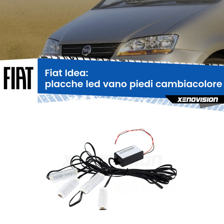 Placche LED vano piedi cambiacolore bluetooth per Fiat Idea  2003 - 2015 <strong>Kit placche LED cambiacolore vano piedi Fiat Idea</strong>  2003 - 2015. 4 placche <strong>Bluetooth</strong> con app Android /iOS.