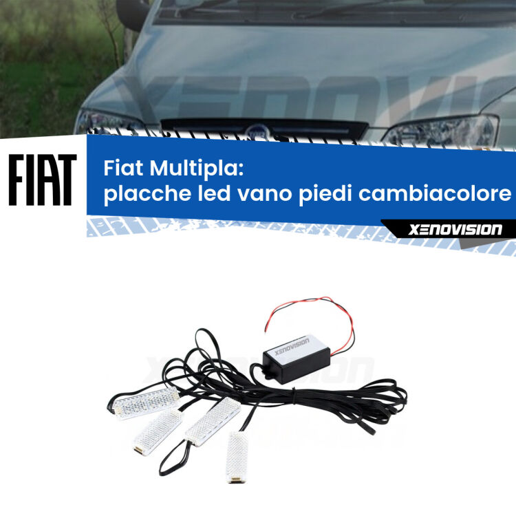 Placche LED vano piedi cambiacolore bluetooth per Fiat Multipla 1999 - 2010 <strong>Kit placche LED cambiacolore vano piedi Fiat Multipla</strong> 1999 - 2010. 4 placche <strong>Bluetooth</strong> con app Android /iOS.