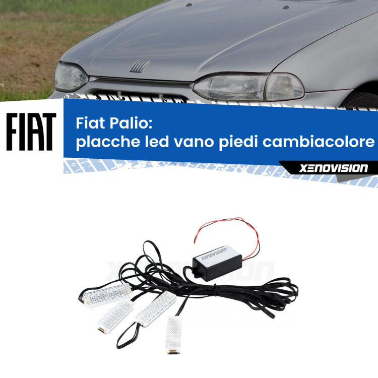 Placche LED vano piedi cambiacolore bluetooth per Fiat Palio 1996 - 2003 <strong>Kit placche LED cambiacolore vano piedi Fiat Palio</strong> 1996 - 2003. 4 placche <strong>Bluetooth</strong> con app Android /iOS.