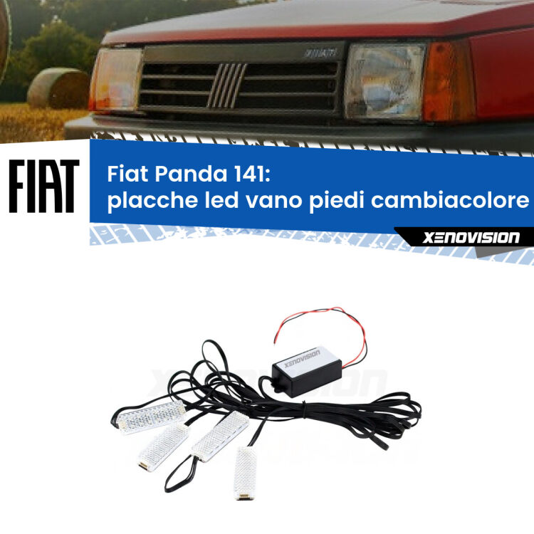Placche LED vano piedi cambiacolore bluetooth per Fiat Panda 141 1982 - 2004 <strong>Kit placche LED cambiacolore vano piedi Fiat Panda</strong> 141 1982 - 2004. 4 placche <strong>Bluetooth</strong> con app Android /iOS.