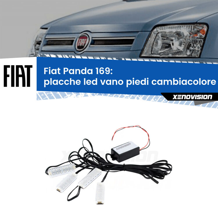 Placche LED vano piedi cambiacolore bluetooth per Fiat Panda 169 2003 - 2012 <strong>Kit placche LED cambiacolore vano piedi Fiat Panda</strong> 169 2003 - 2012. 4 placche <strong>Bluetooth</strong> con app Android /iOS.