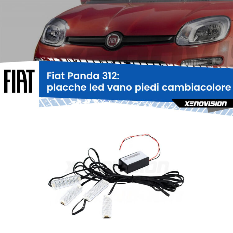 Placche LED vano piedi cambiacolore bluetooth per Fiat Panda 312 2012 in poi <strong>Kit placche LED cambiacolore vano piedi Fiat Panda</strong> 312 2012 in poi. 4 placche <strong>Bluetooth</strong> con app Android /iOS.