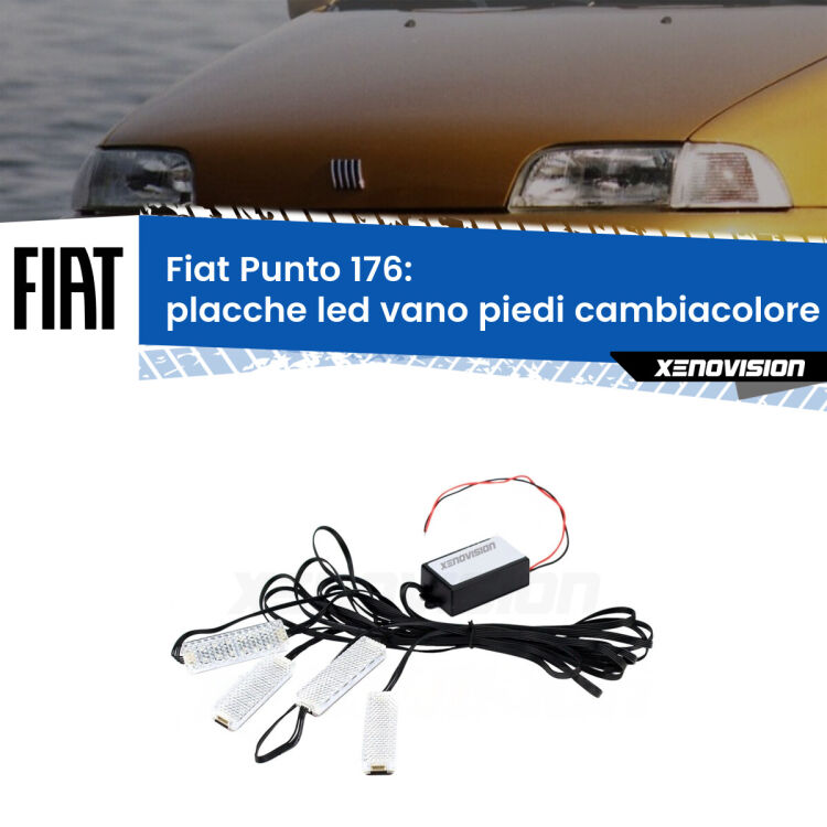 Placche LED vano piedi cambiacolore bluetooth per Fiat Punto 176 1993 - 1999 <strong>Kit placche LED cambiacolore vano piedi Fiat Punto</strong> 176 1993 - 1999. 4 placche <strong>Bluetooth</strong> con app Android /iOS.