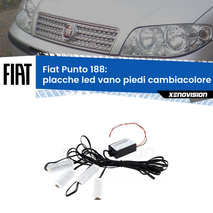 Placche LED vano piedi cambiacolore bluetooth per Fiat Punto 188 1999 - 2010 <strong>Kit placche LED cambiacolore vano piedi Fiat Punto</strong> 188 1999 - 2010. 4 placche <strong>Bluetooth</strong> con app Android /iOS.