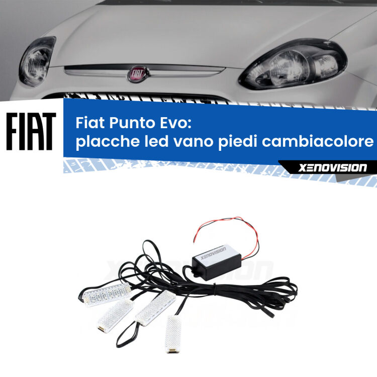 Placche LED vano piedi cambiacolore bluetooth per Fiat Punto Evo  2009 - 2015 <strong>Kit placche LED cambiacolore vano piedi Fiat Punto Evo</strong>  2009 - 2015. 4 placche <strong>Bluetooth</strong> con app Android /iOS.