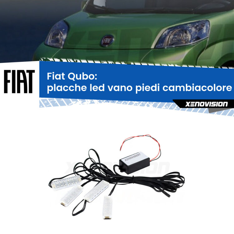 Placche LED vano piedi cambiacolore bluetooth per Fiat Qubo 2008 - 2021 <strong>Kit placche LED cambiacolore vano piedi Fiat Qubo</strong> 2008 - 2021. 4 placche <strong>Bluetooth</strong> con app Android /iOS.