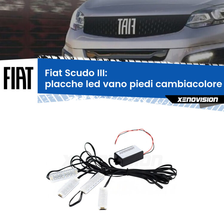 Placche LED vano piedi cambiacolore bluetooth per Fiat Scudo III 2022 in poi <strong>Kit placche LED cambiacolore vano piedi Fiat Scudo</strong> III 2022 in poi. 4 placche <strong>Bluetooth</strong> con app Android /iOS.