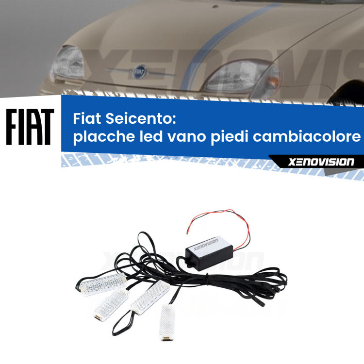 Placche LED vano piedi cambiacolore bluetooth per Fiat Seicento 1998 - 2010 <strong>Kit placche LED cambiacolore vano piedi Fiat Seicento</strong> 1998 - 2010. 4 placche <strong>Bluetooth</strong> con app Android /iOS.