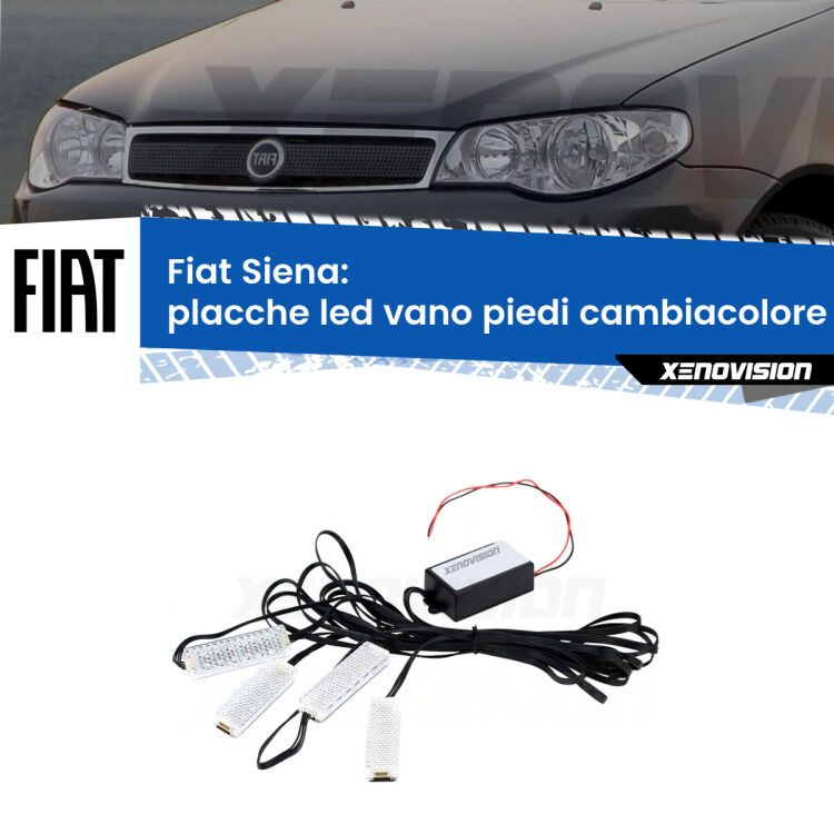 Placche LED vano piedi cambiacolore bluetooth per Fiat Siena  1996 - 2012 <strong>Kit placche LED cambiacolore vano piedi Fiat Siena</strong>  1996 - 2012. 4 placche <strong>Bluetooth</strong> con app Android /iOS.