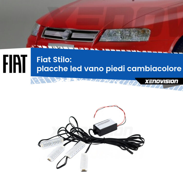 Placche LED vano piedi cambiacolore bluetooth per Fiat Stilo  2001 - 2006 <strong>Kit placche LED cambiacolore vano piedi Fiat Stilo</strong>  2001 - 2006. 4 placche <strong>Bluetooth</strong> con app Android /iOS.